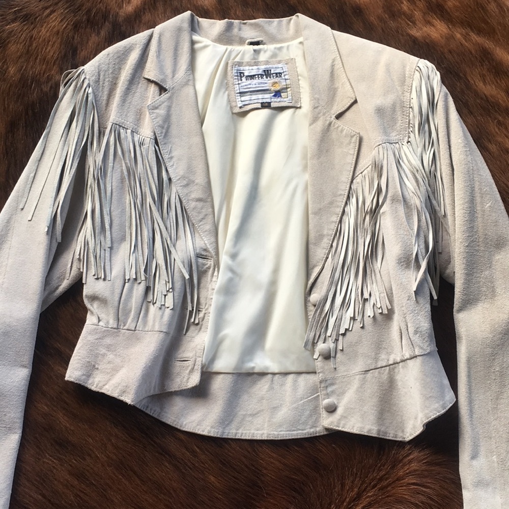 Bone colored fringe suede jacket